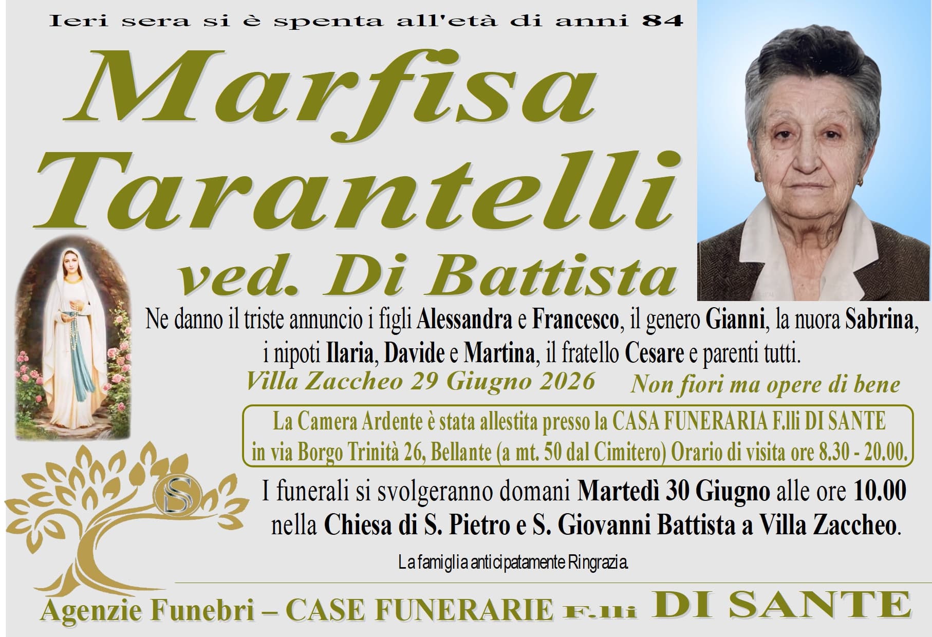 Necrologio di Marfisa Tarantelli ved. Di Battista