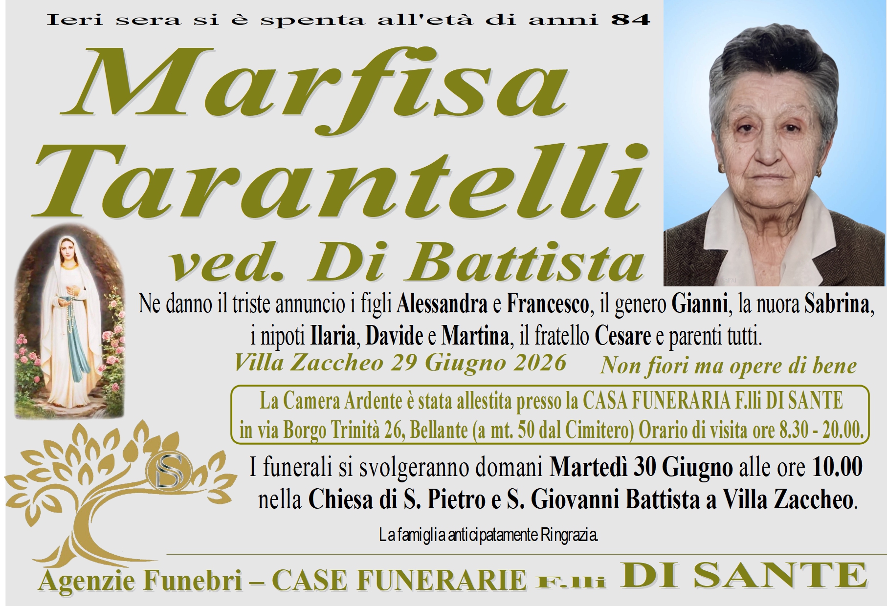 Necrologio di Marfisa Tarantelli ved. Di Battista