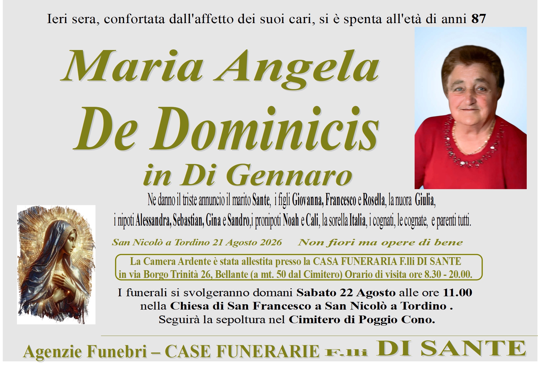 Necrologio di Maria Angela De Dominicis